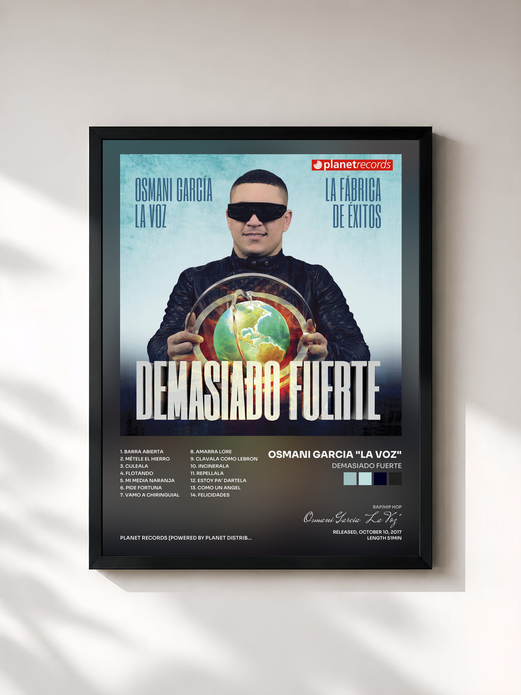 #noir Tableau de l'album Demasiado Fuerte de Osmani Garcia "La Voz", cadre noir, imprimé et encadré en France