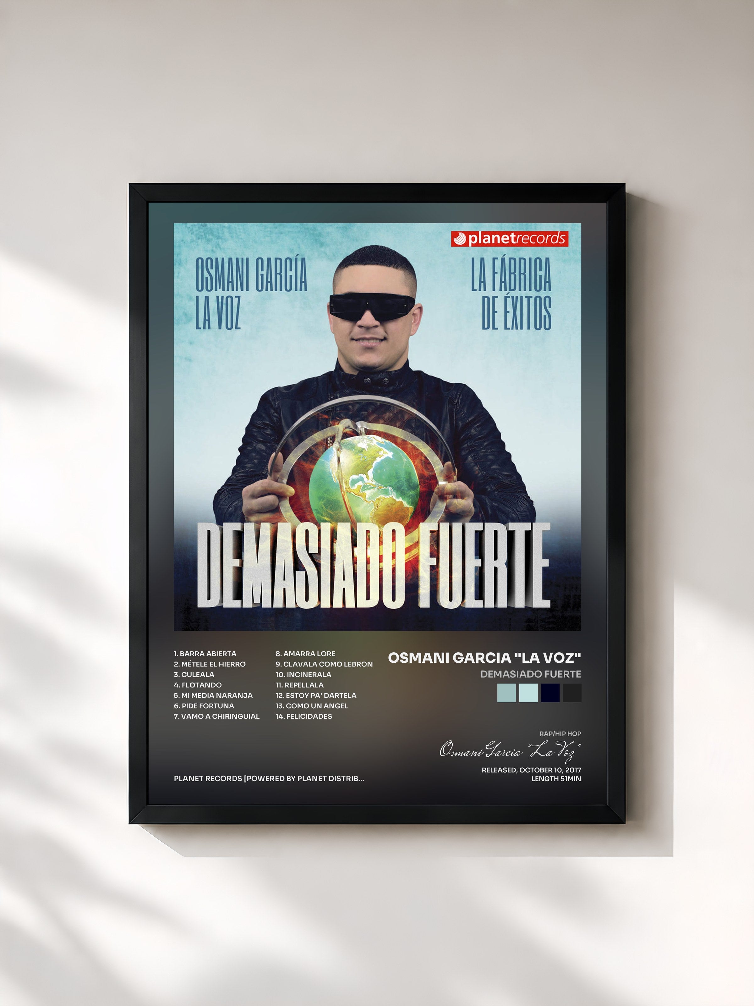 #noir Tableau de l'album Demasiado Fuerte de Osmani Garcia "La Voz", cadre noir, imprimé et encadré en France