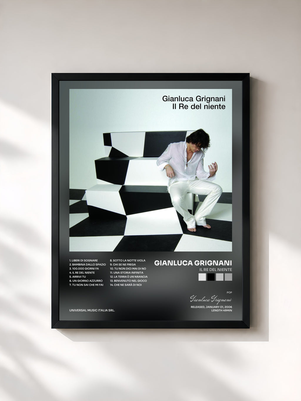#noir Tableau de l'album Il Re Del Niente de Gianluca Grignani, cadre noir, imprimé et encadré en France