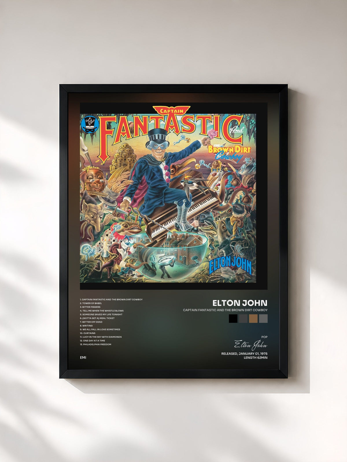 #noir Tableau de l'album Captain Fantastic And The Brown Dirt Cowboy de Elton John, cadre noir, imprimé et encadré en France