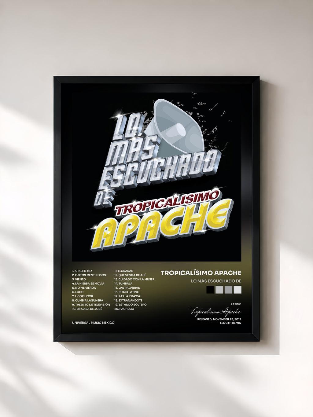 #noir Tableau de l'album Lo Más Escuchado De de Tropicalísimo Apache, cadre noir, imprimé et encadré en France