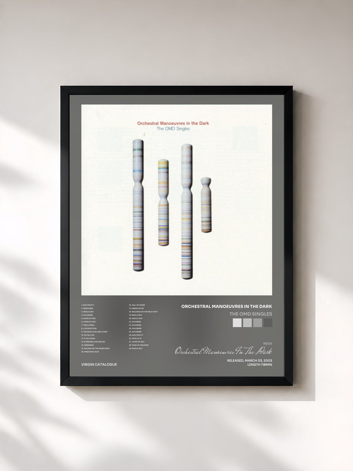 #noir Tableau de l'album The OMD Singles de Orchestral Manoeuvres In The Dark, cadre noir, imprimé et encadré en France