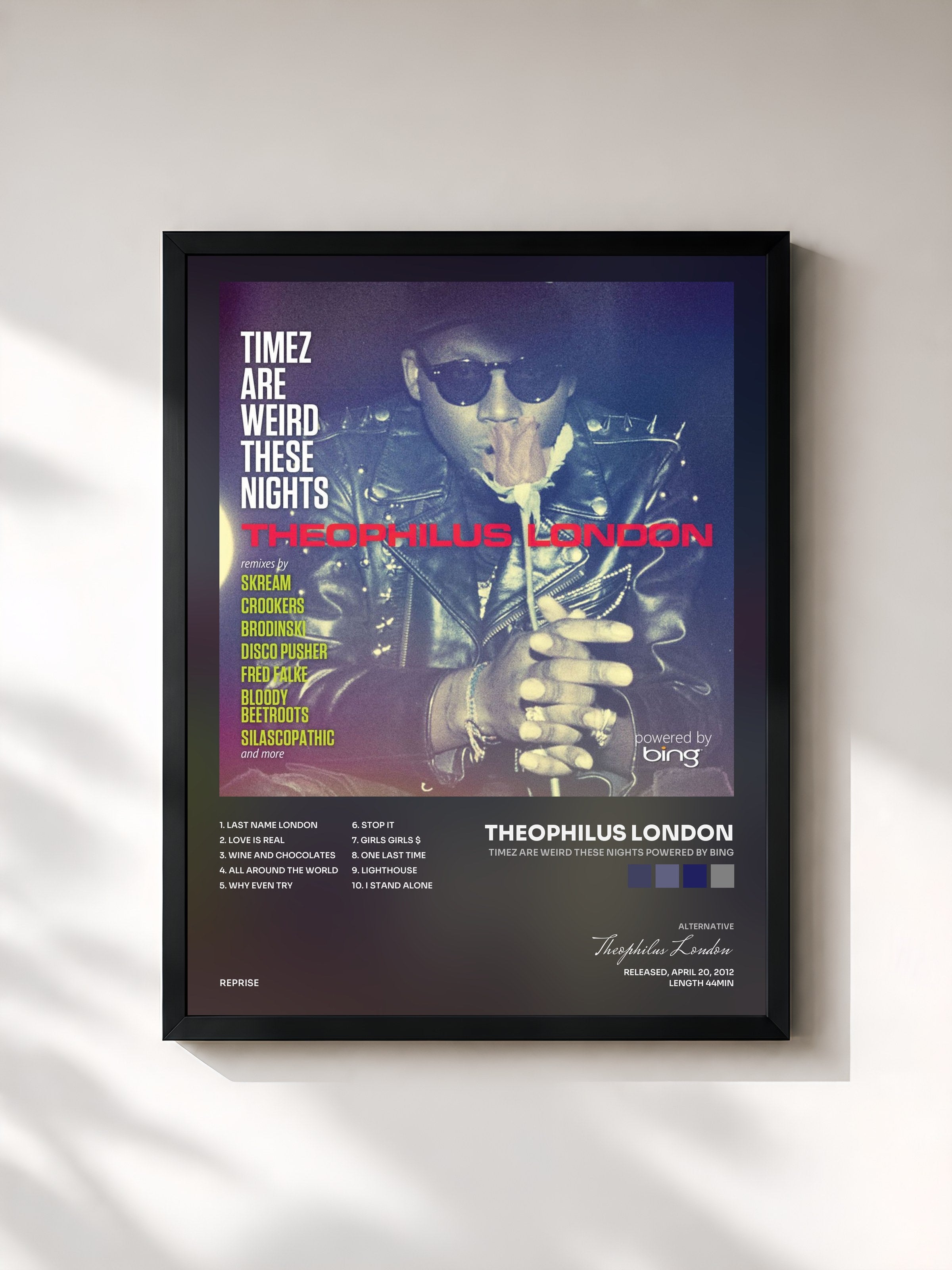#noir Tableau de l'album Timez Are Weird These Nights Powered by Bing de Theophilus London, cadre noir, imprimé et encadré en France