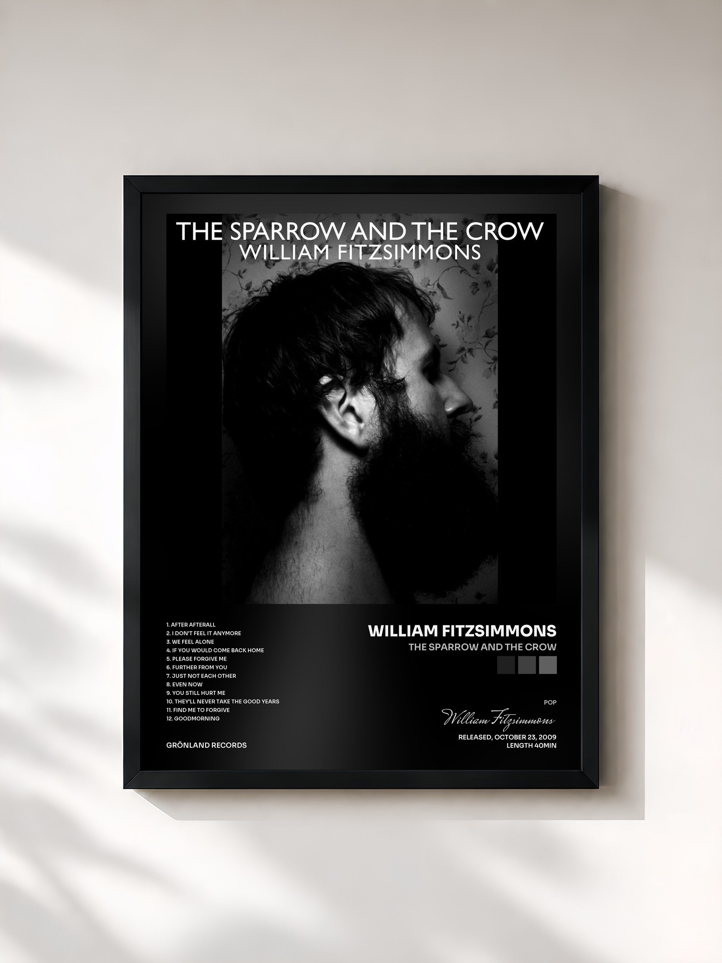 #noir Tableau de l'album The Sparrow and the Crow de William Fitzsimmons, cadre noir, imprimé et encadré en France