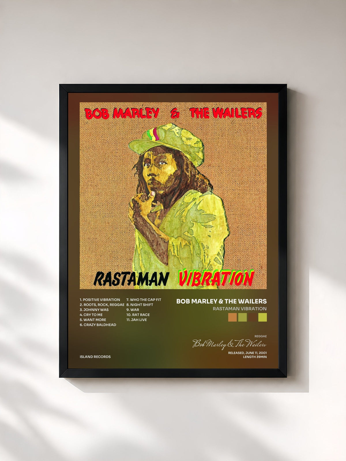 #noir Tableau de l'album Rastaman Vibration de Bob Marley & The Wailers, cadre noir, imprimé et encadré en France