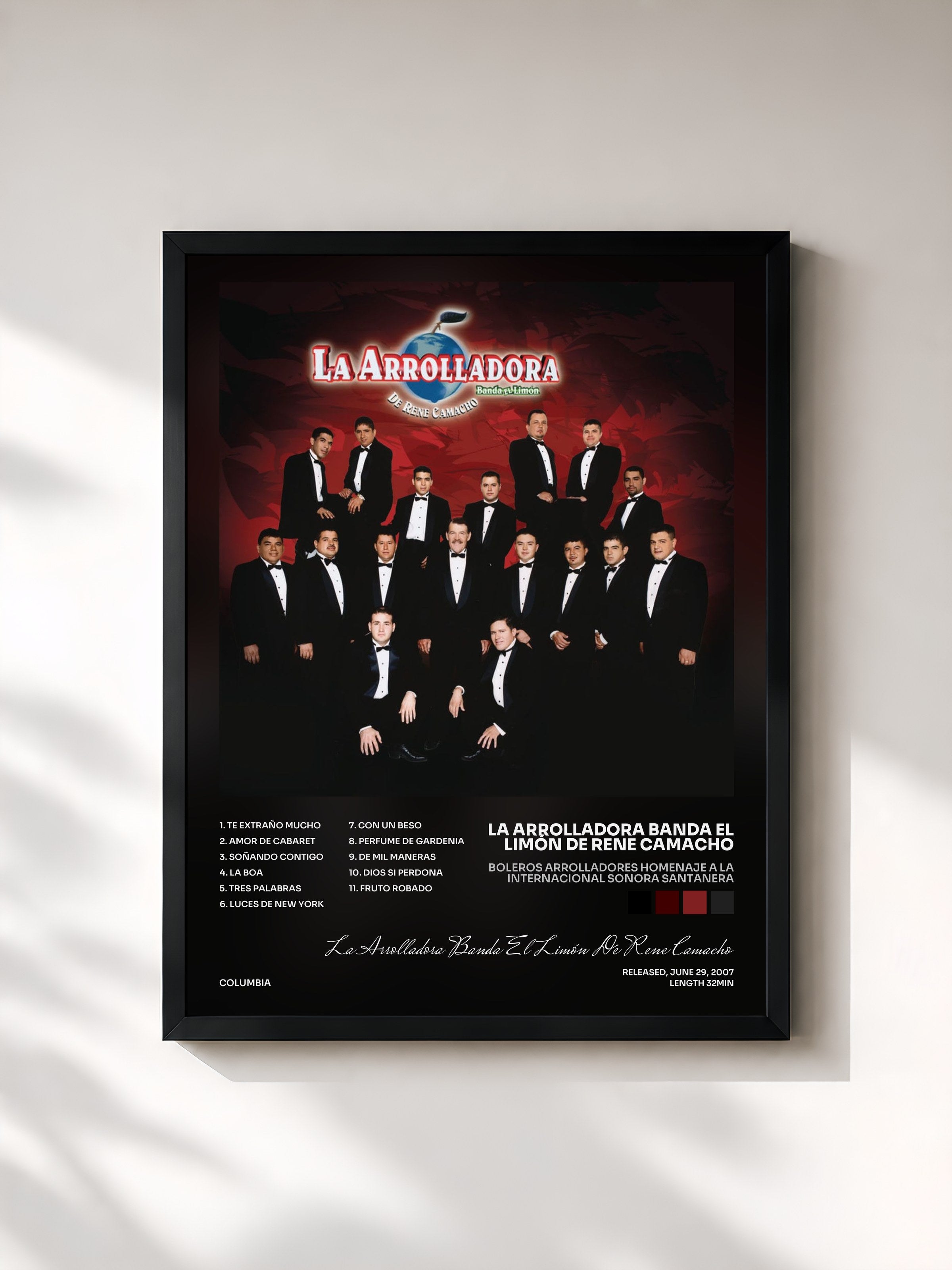 #noir Tableau de l'album Boleros Arrolladores Homenaje A La Internacional Sonora Santanera de La Arrolladora Banda El Limón De Rene Camacho, cadre noir, imprimé et encadré en France