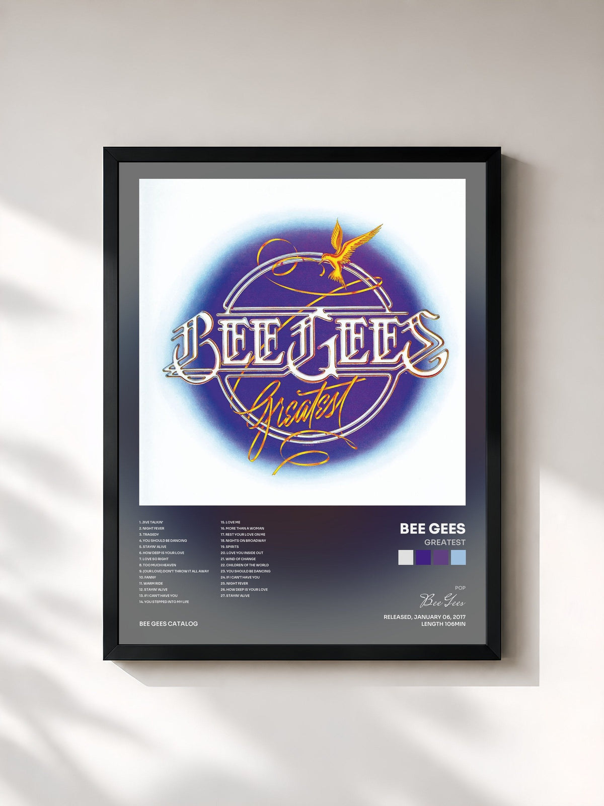 #noir Tableau de l'album Greatest de Bee Gees, cadre noir, imprimé et encadré en France