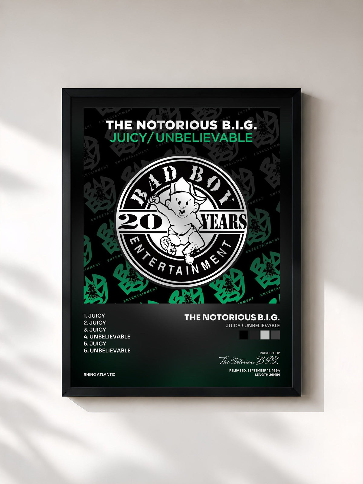 #noir Tableau de l'album Juicy / Unbelievable de The Notorious B.I.G., cadre noir, imprimé et encadré en France