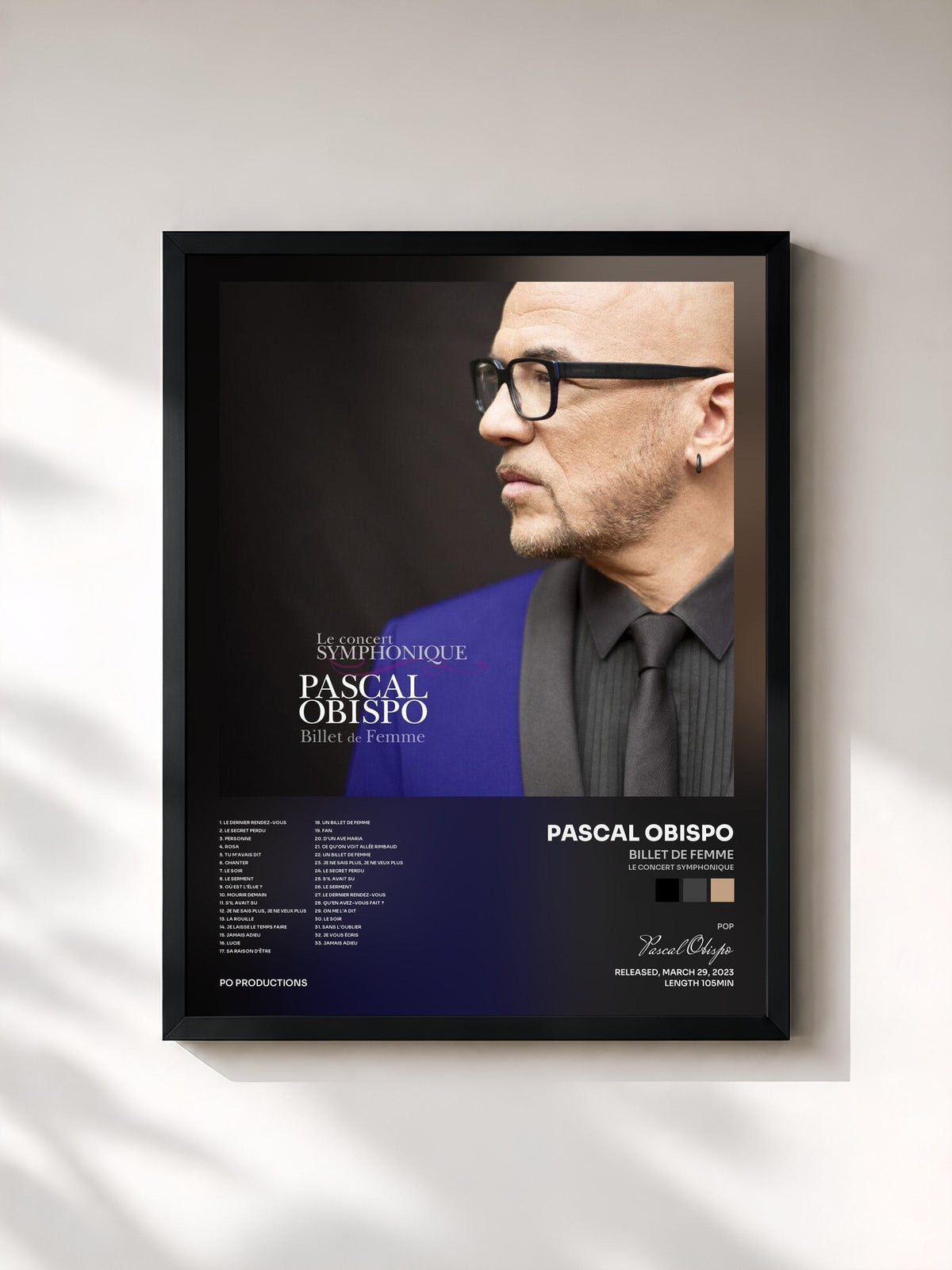 #noir Billet by femme (Le concert symphonique) de Pascal Obispo as a framed art print, black frame, printed and framed in France