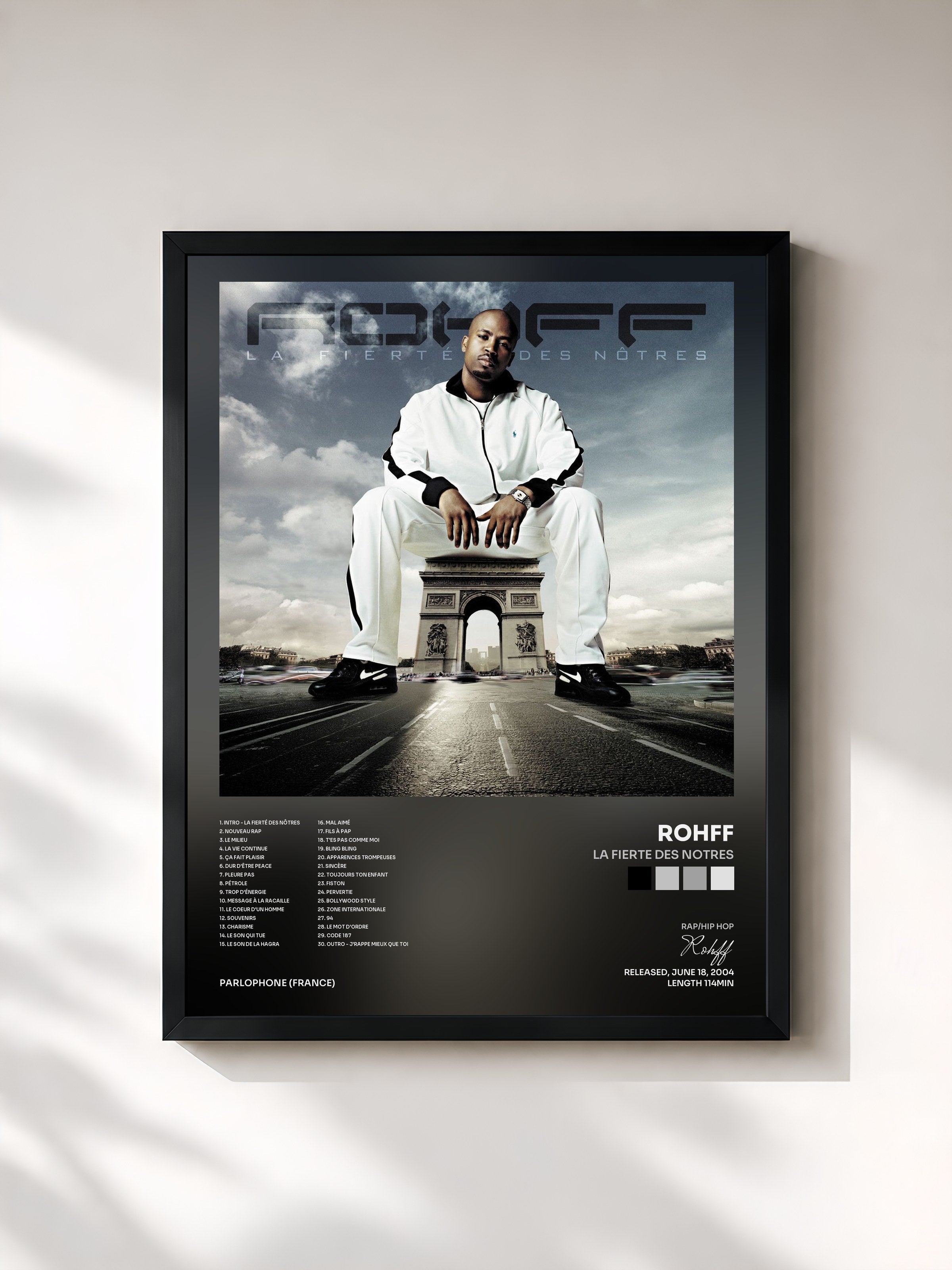 #noir Tableau de l'album la fierte des notres de Rohff, cadre noir, imprimé et encadré en France