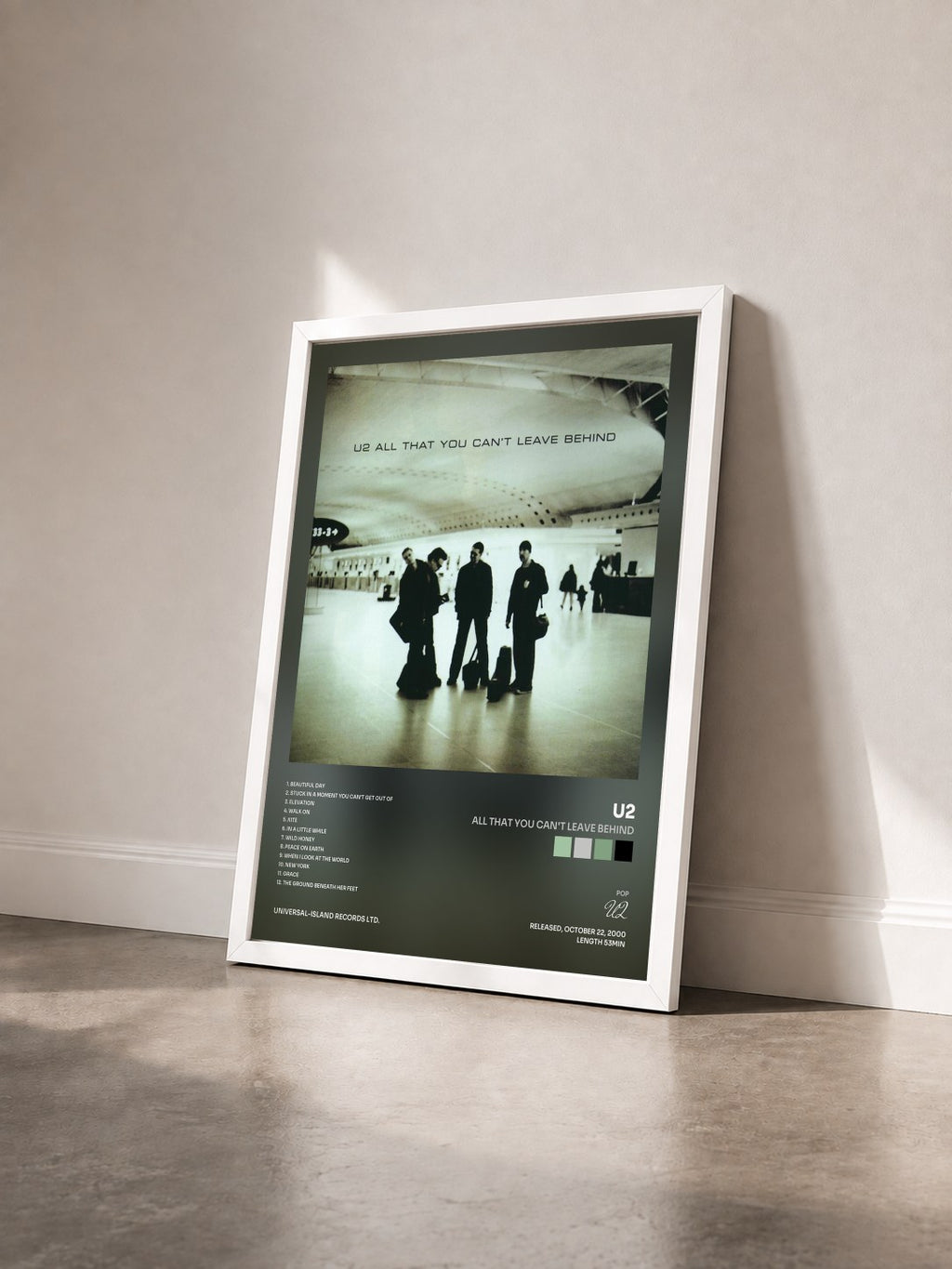 #blanc All That You Can't Leave Behind de U2 en lámina enmarcada vista de tres cuartos, marco blanco