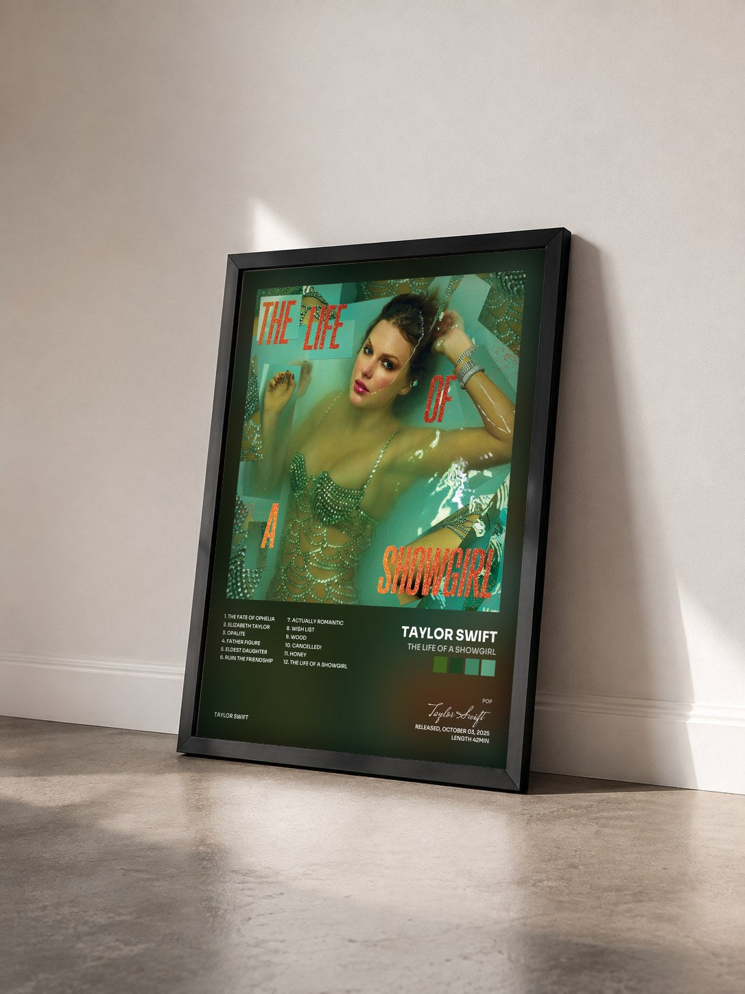 #noir The Life of a Showgirl de Taylor Swift en lámina enmarcada vista de tres cuartos, marco negro