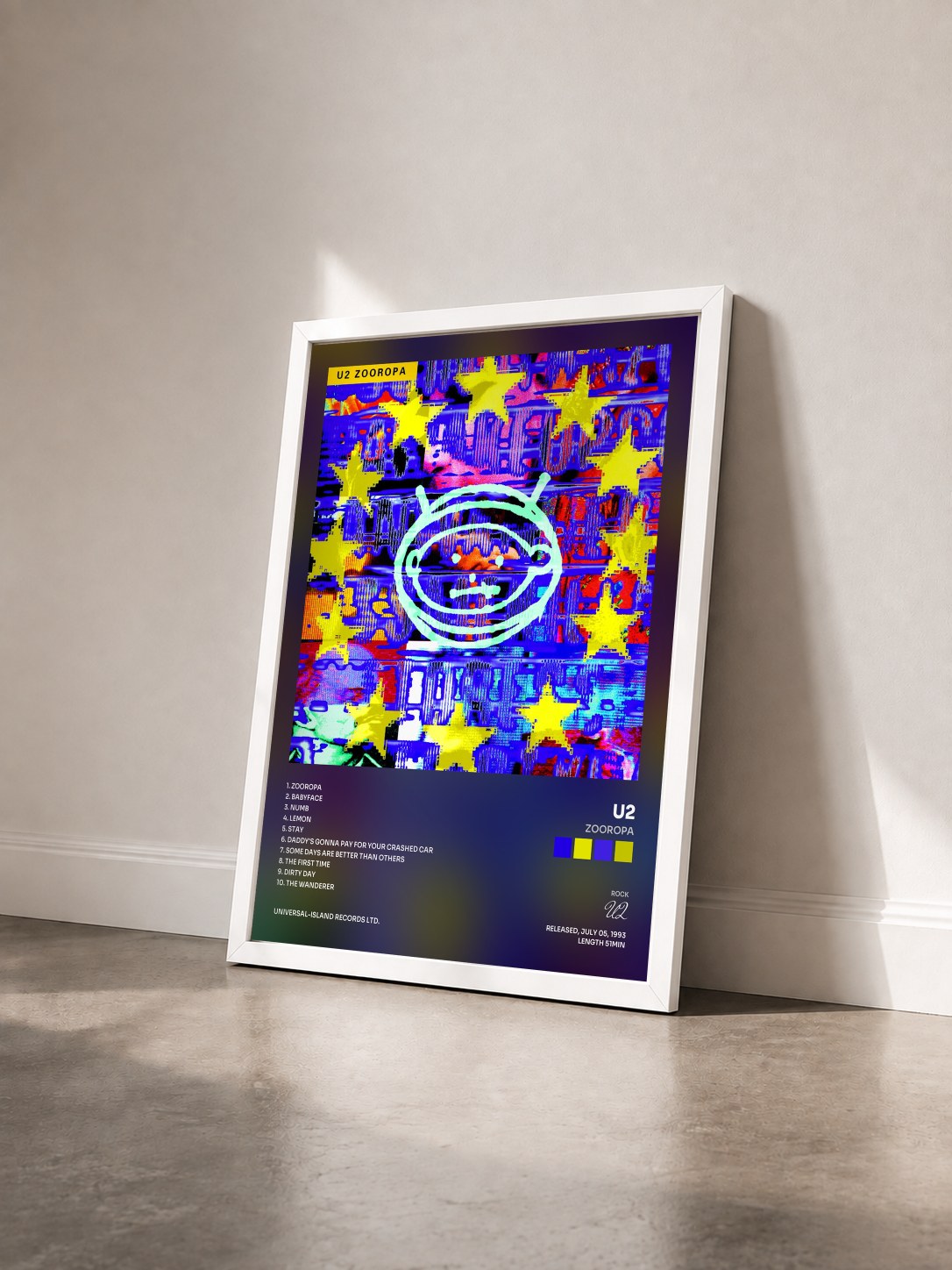 #blanc Tableau de l'album Zooropa de U2 vu de trois quarts, cadre blanc