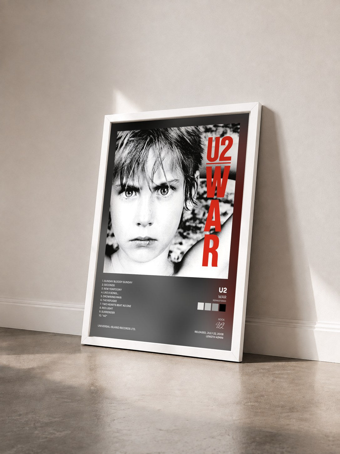 #blanc War (Remastered) by U2 as a framed art print seen at an angle, white frame