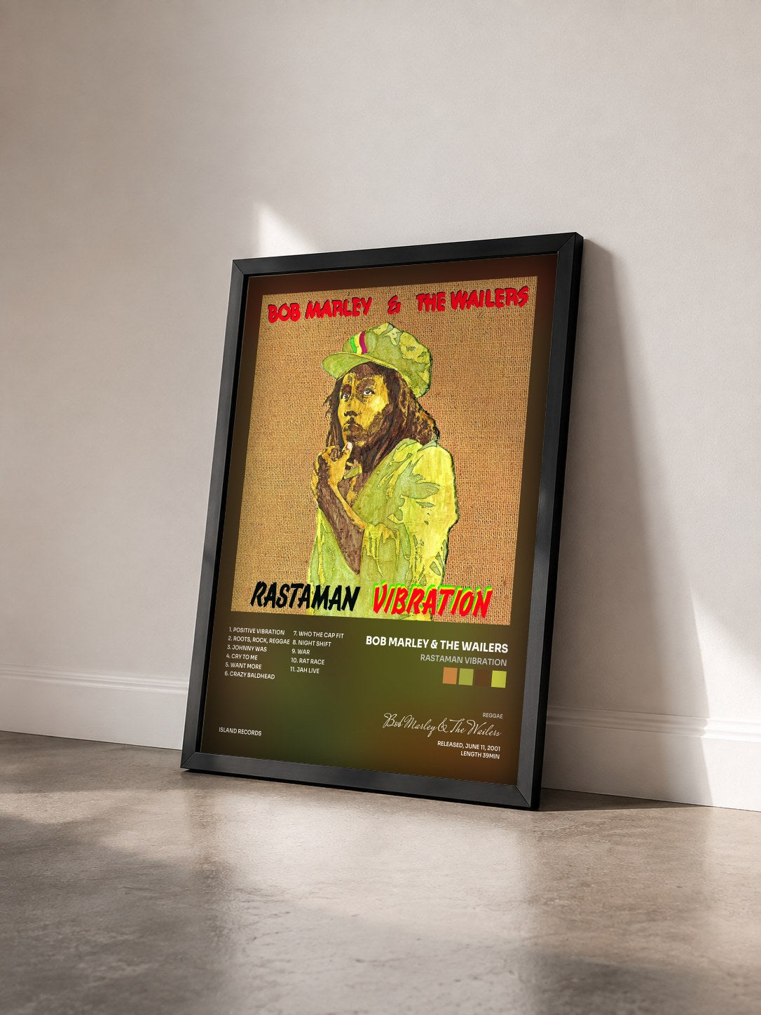 #noir Tableau de l'album Rastaman Vibration de Bob Marley & The Wailers vu de trois quarts, cadre noir