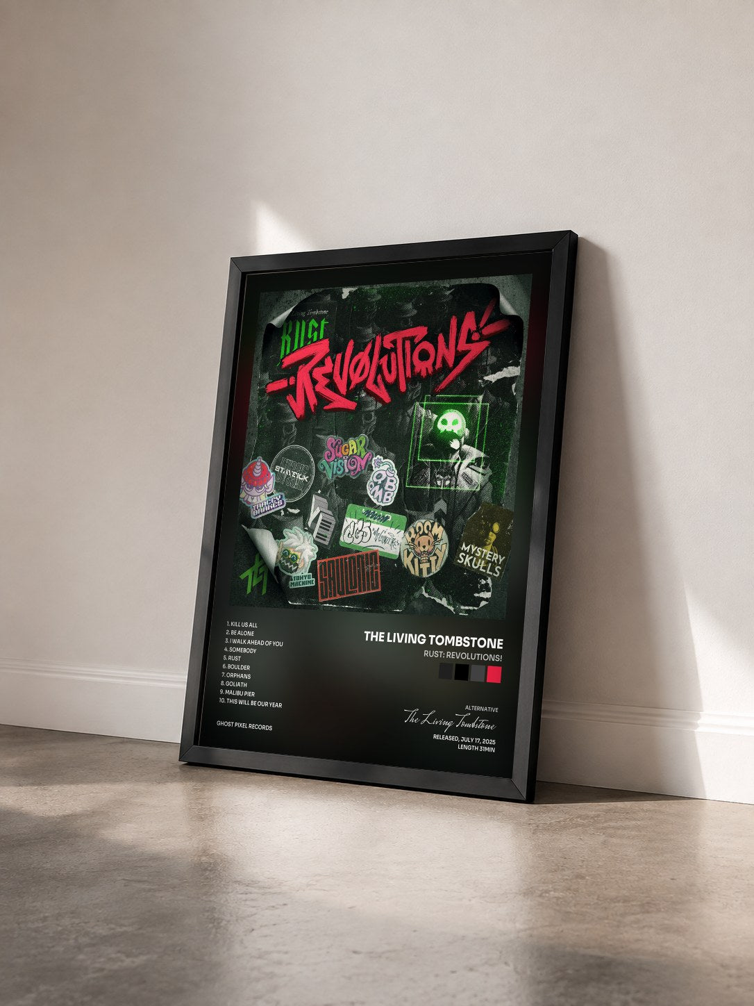 #noir Tableau de l'album Rust: Revolutions! de The Living Tombstone vu de trois quarts, cadre noir