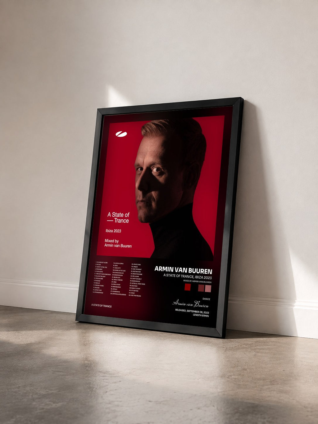#noir A State of Trance, Ibiza 2023 (Mixed by Armin van Buuren) by Armin van Buuren as a framed art print seen at an angle, black frame