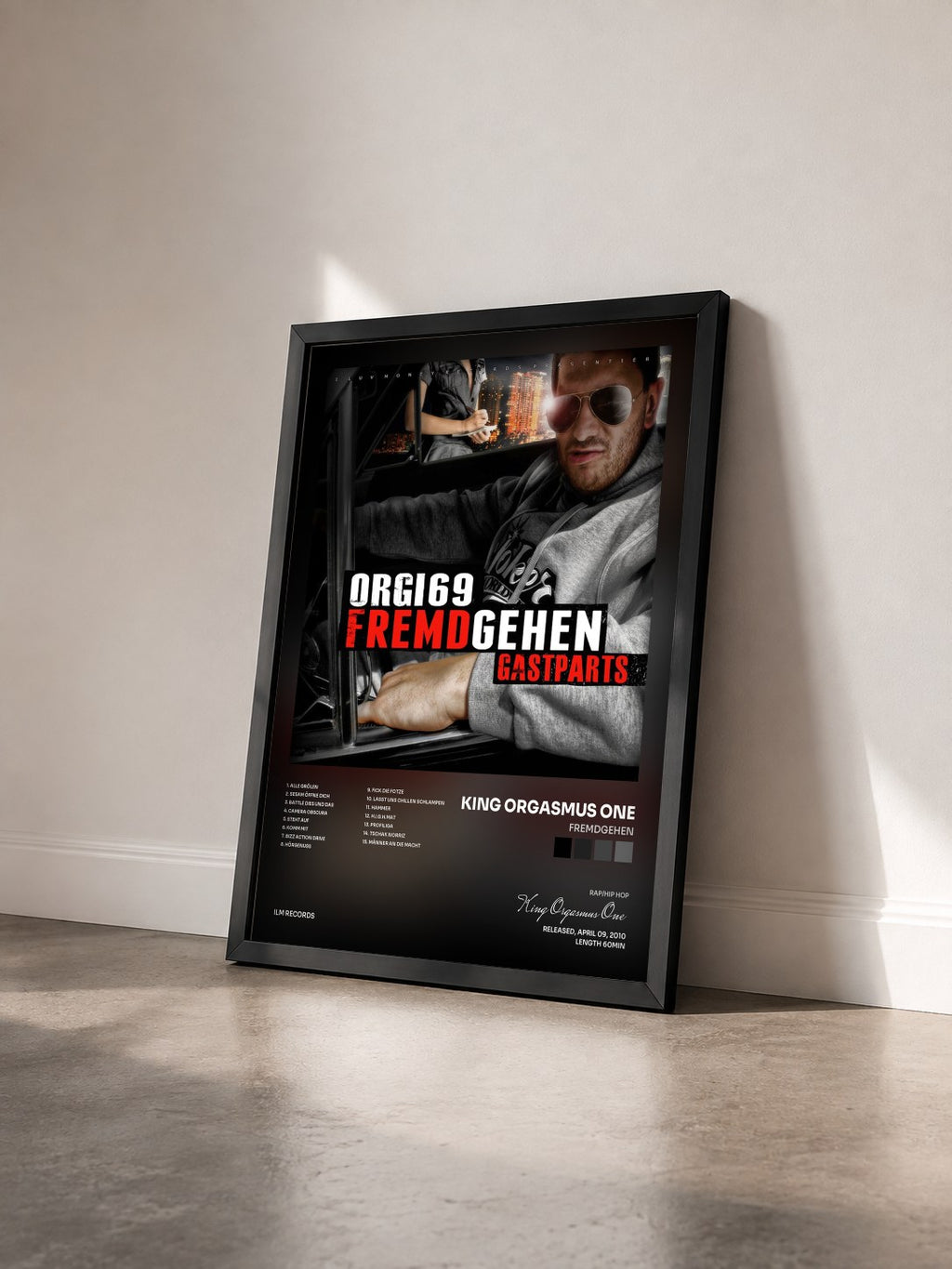 #noir Tableau de l'album Fremdgehen de King Orgasmus One vu de trois quarts, cadre noir