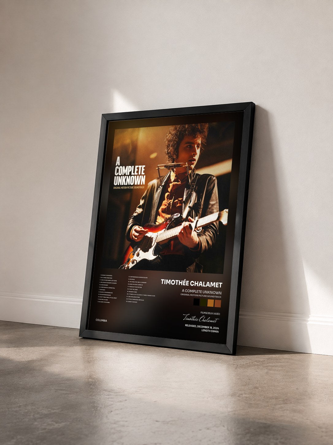 #noir Tableau de l'album A Complete Unknown (Original Motion Picture Soundtrack) de Timothée Chalamet vu de trois quarts, cadre noir