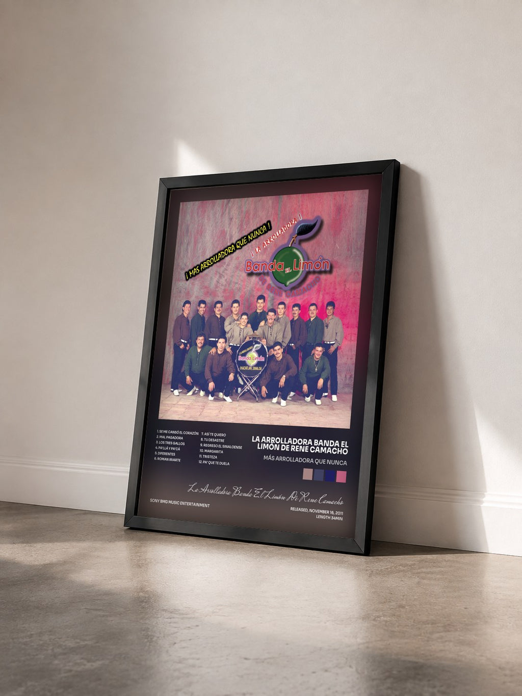 #noir Tableau de l'album Más Arrolladora Que Nunca de La Arrolladora Banda El Limón De Rene Camacho vu de trois quarts, cadre noir