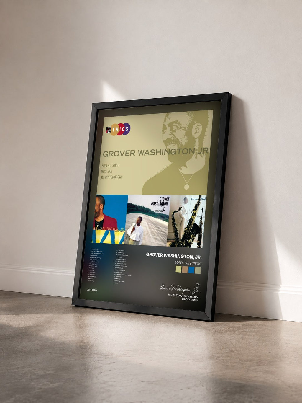 #noir Tableau de l'album Sony Jazz Trios de Grover Washington, Jr. vu de trois quarts, cadre noir