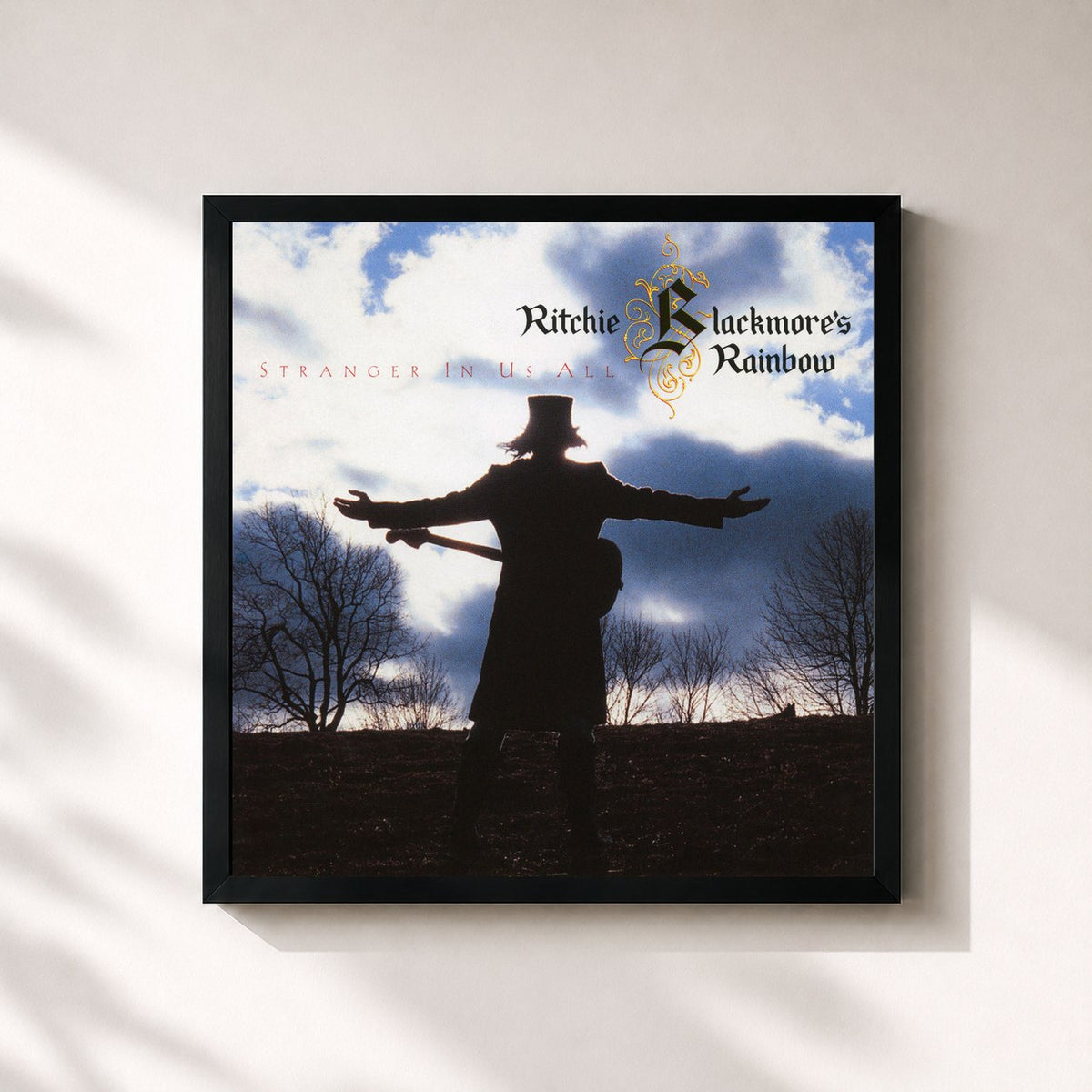 #noir Tableau carré de l'album Stranger In Us All de Rainbow, cadre noir 32x32 cm