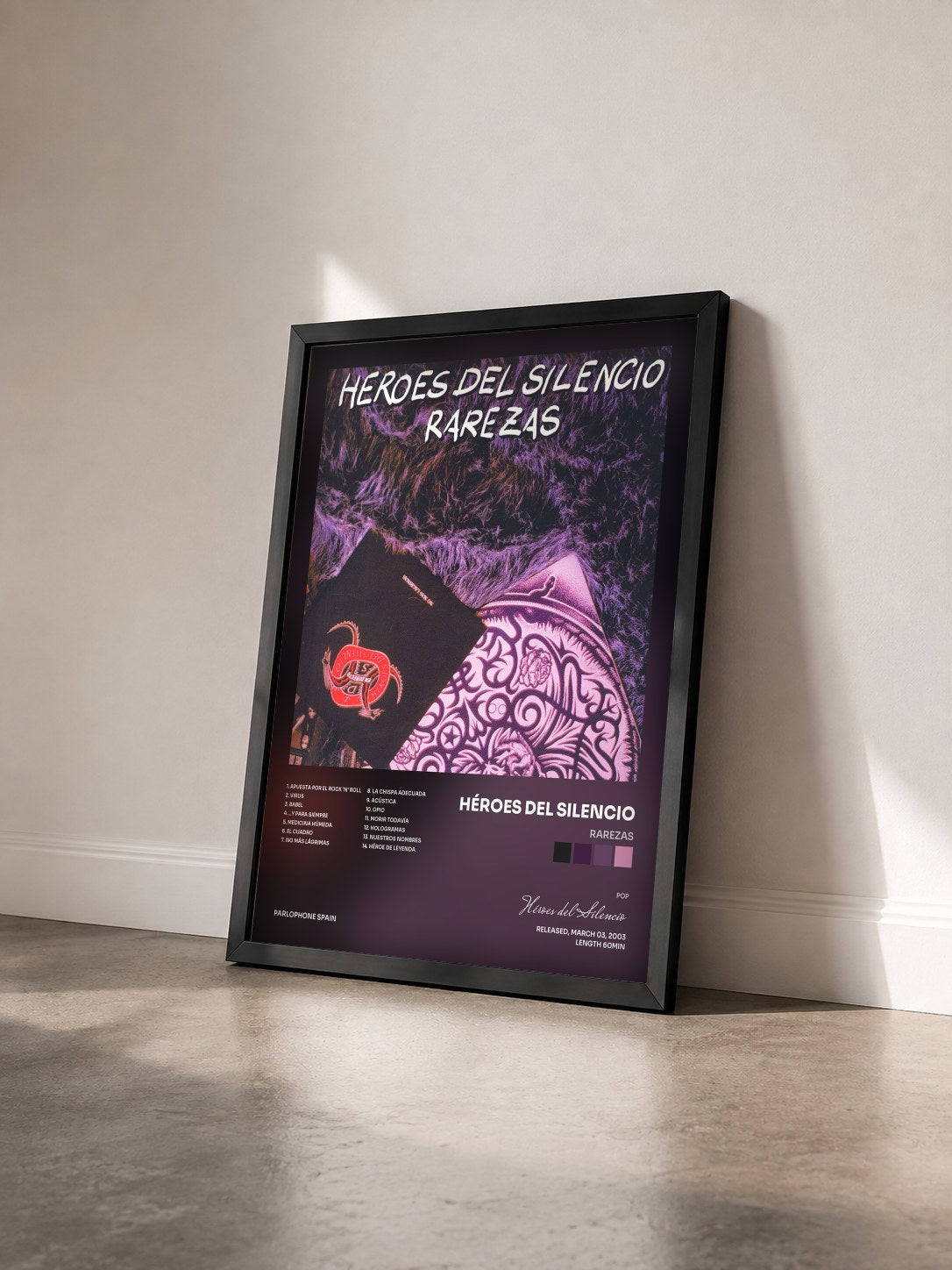 #noir Tableau de l'album Rarezas de Héroes del Silencio vu de trois quarts, cadre noir