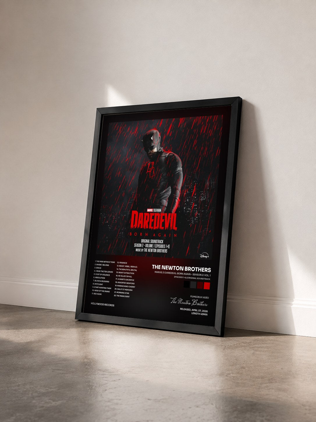 #noir Tableau de l'album Marvel's Daredevil: Born Again - Season 2: Vol. 1 (Episodes 1-4) (Original Soundtrack) de The Newton Brothers vu de trois quarts, cadre noir
