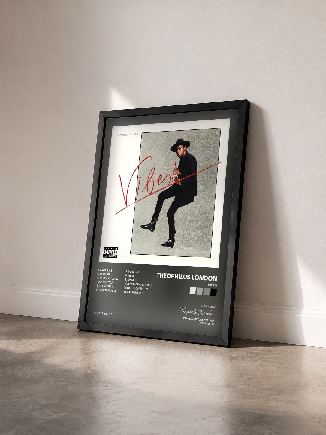 #noir Tableau de l'album Vibes de Theophilus London vu de trois quarts, cadre noir