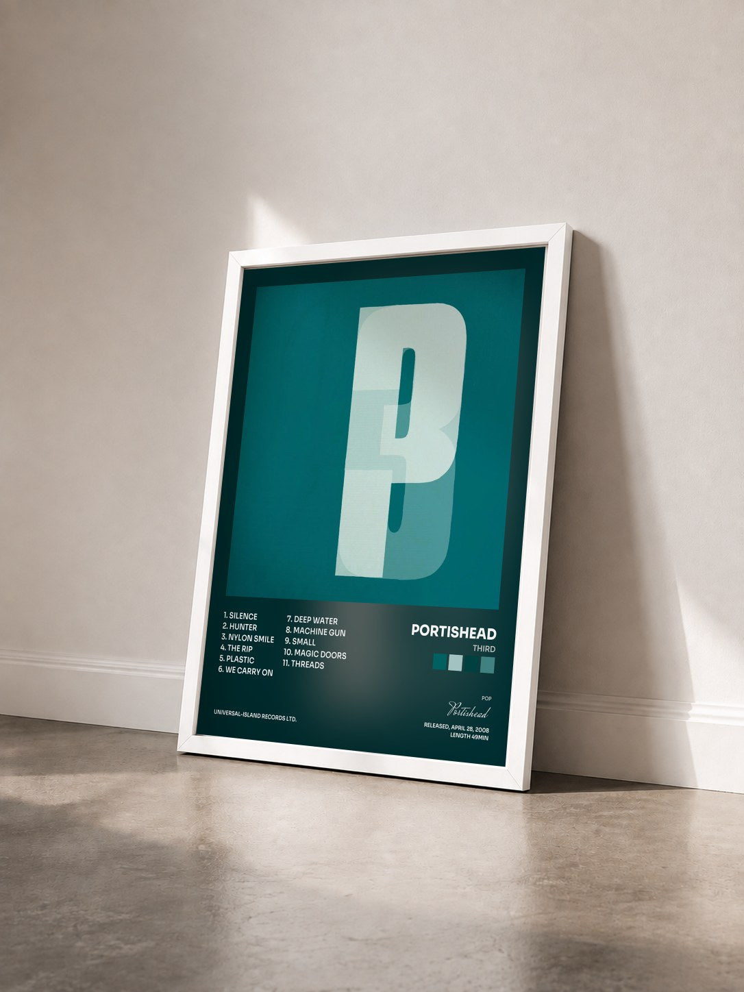 #blanc Tableau de l'album Third de Portishead vu de trois quarts, cadre blanc