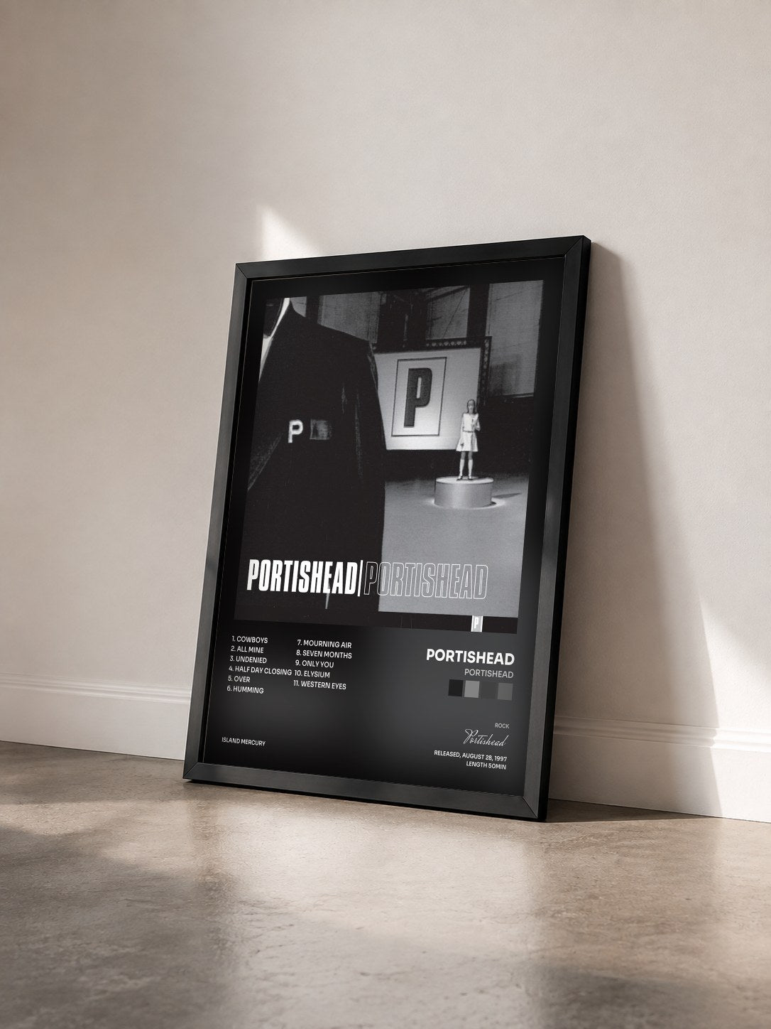 #noir Portishead by Portishead as a framed art print seen at an angle, black frame