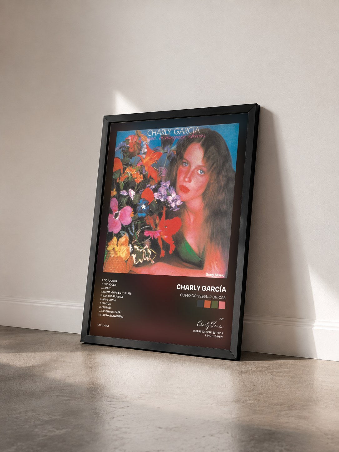 #noir Tableau de l'album Como Conseguir Chicas de Charly García vu de trois quarts, cadre noir