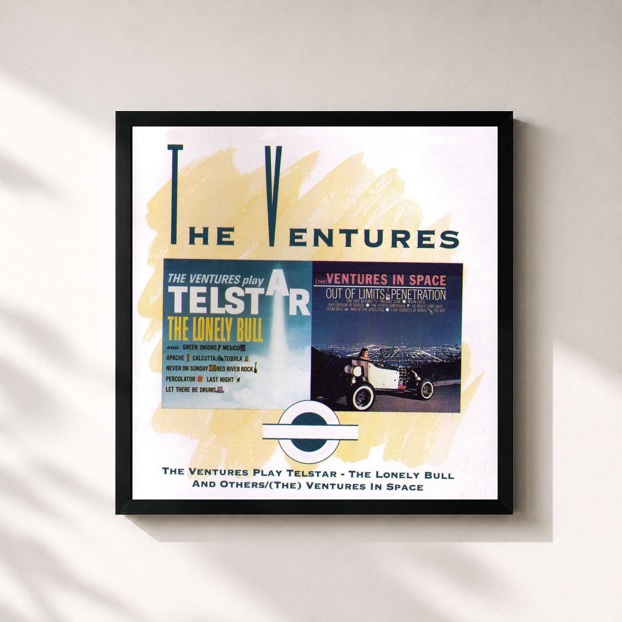 #noir Tableau carré de l'album The Ventures Play Telstar, The Lonely Bull, And Others 1962 + Ventures In Space 1963 de The Ventures, cadre noir 32x32 cm