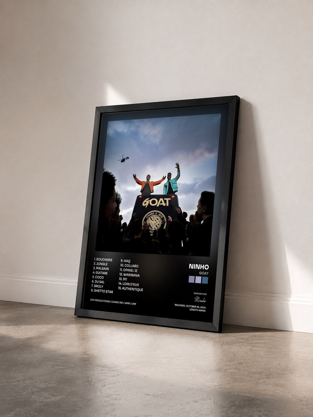 #noir GOAT by Ninho as a framed art print seen at an angle, black frame