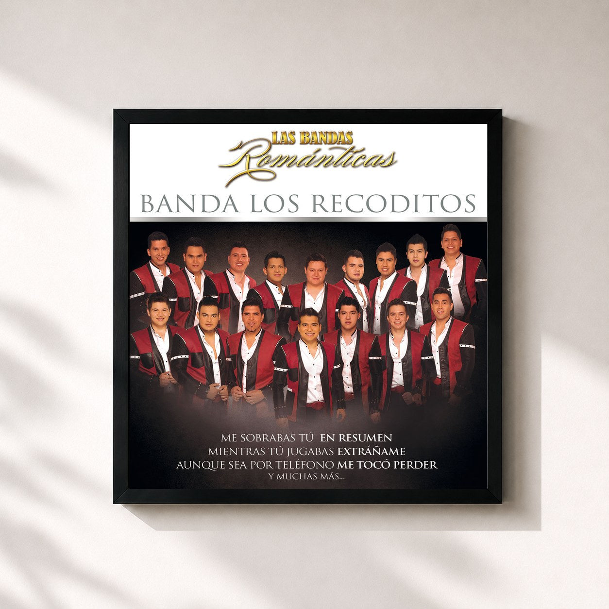 #noir Tableau carré de l'album Las Bandas Románticas de Banda Los Recoditos, cadre noir 32x32 cm
