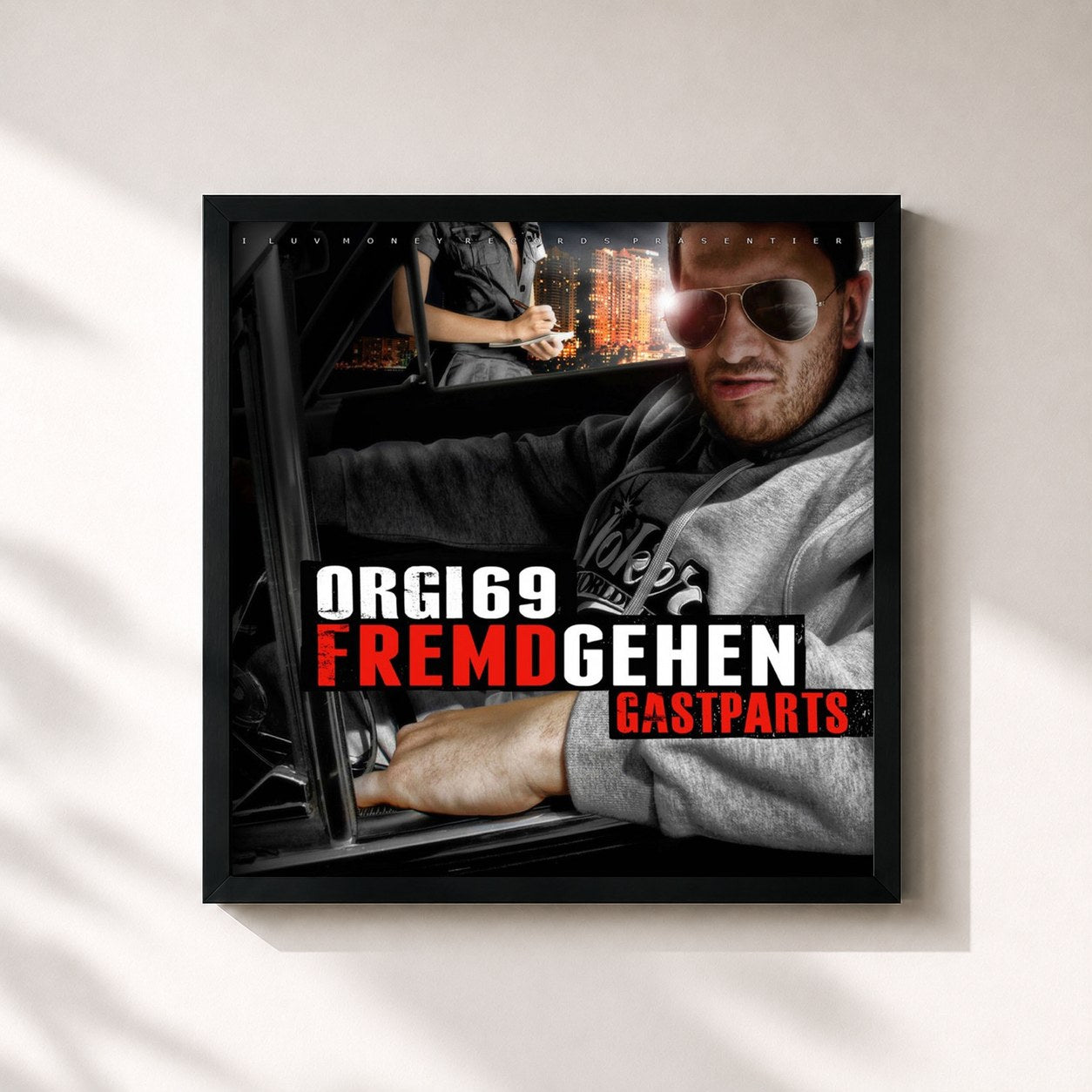 #noir Tableau carré de l'album Fremdgehen de King Orgasmus One, cadre noir 32x32 cm