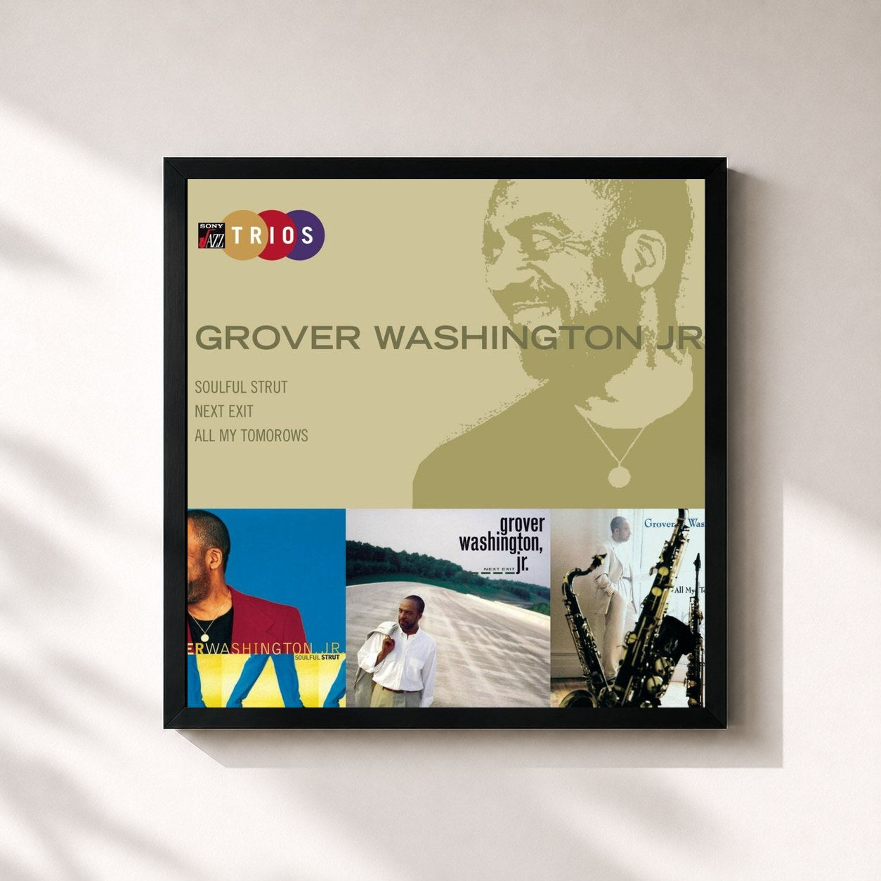 #noir Tableau carré de l'album Sony Jazz Trios de Grover Washington, Jr., cadre noir 32x32 cm