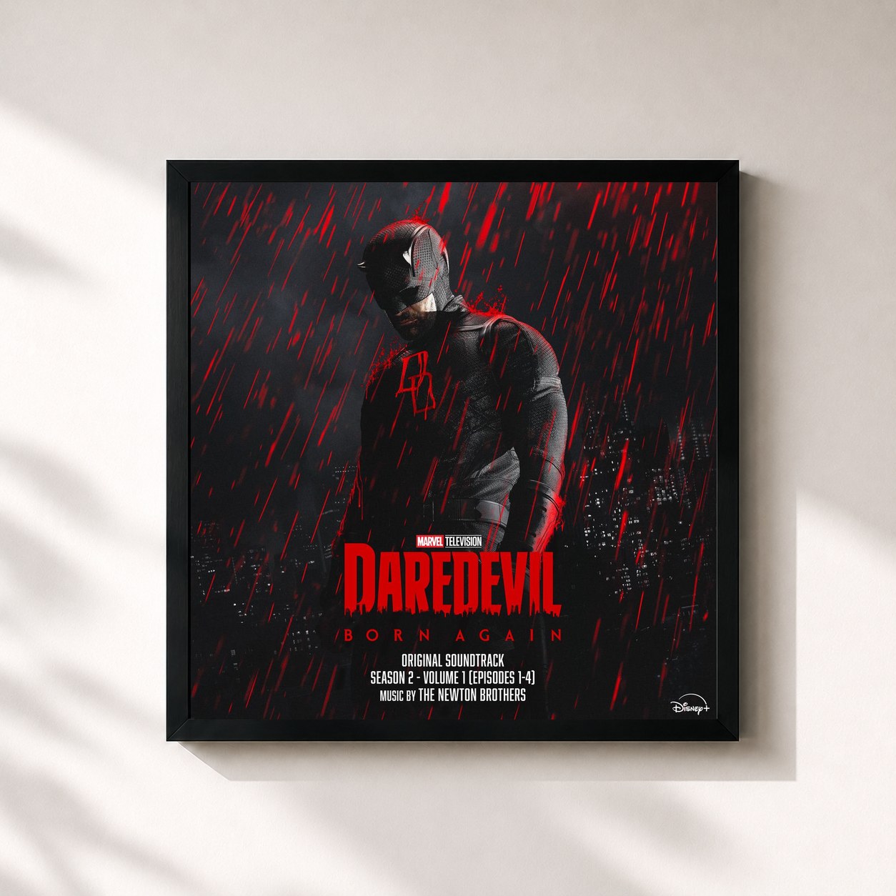 #noir Tableau carré de l'album Marvel's Daredevil: Born Again - Season 2: Vol. 1 (Episodes 1-4) (Original Soundtrack) de The Newton Brothers, cadre noir 32x32 cm