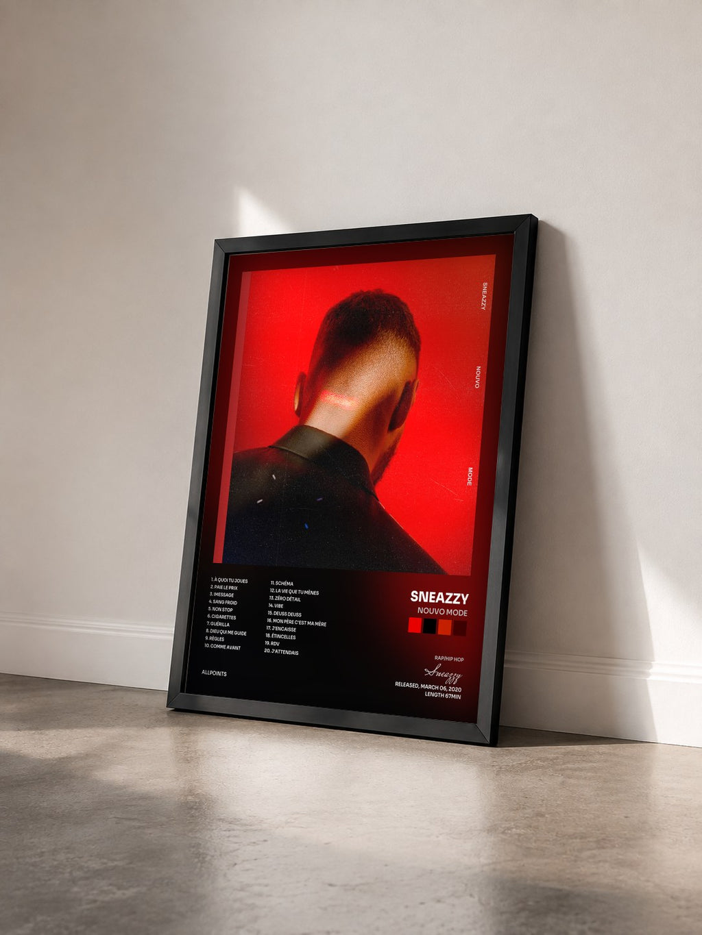 #noir Tableau de l'album NOUVO MODE de Sneazzy vu de trois quarts, cadre noir