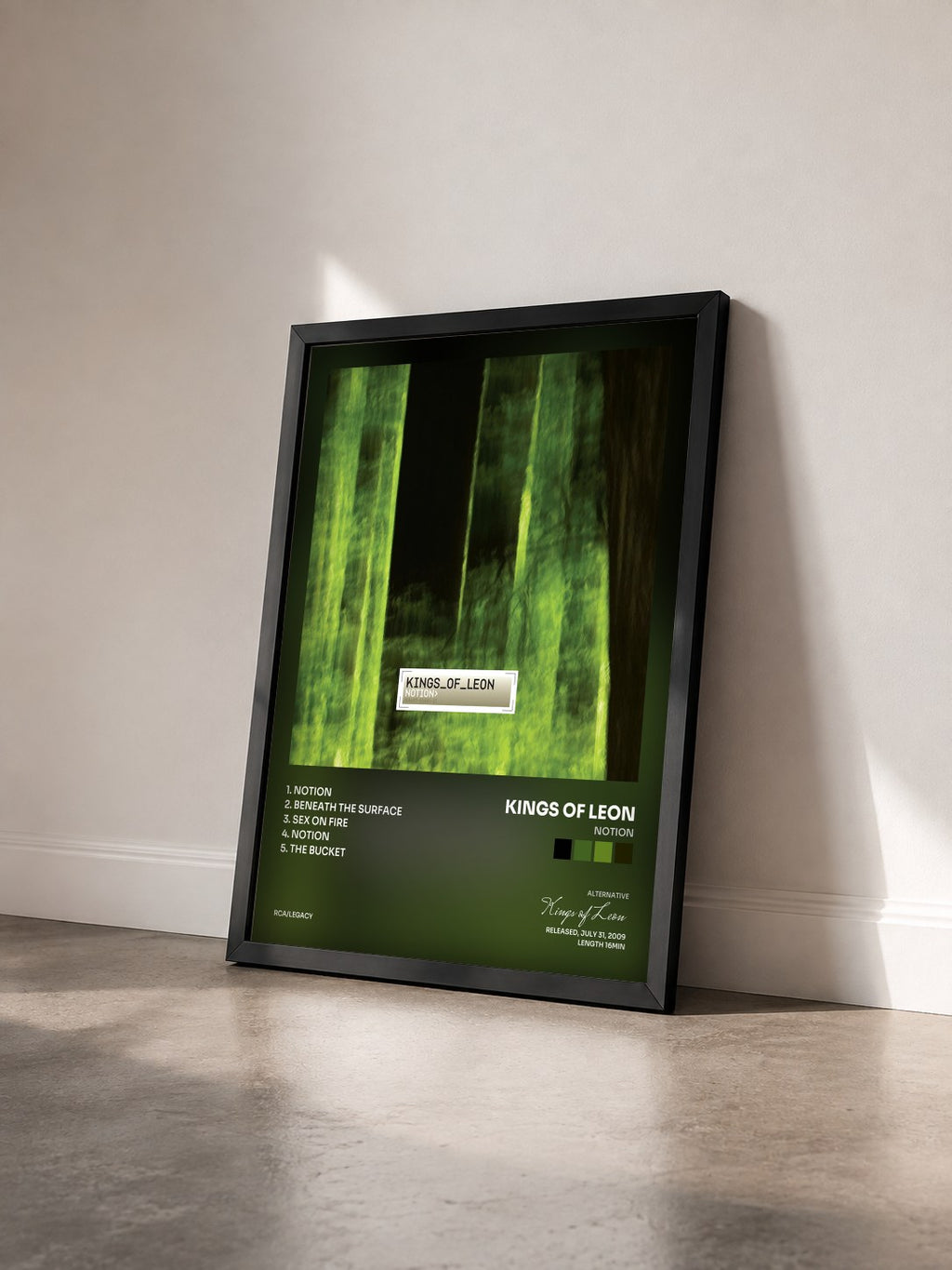 #noir Notion by Kings of Leon as a framed art print seen at an angle, black frame