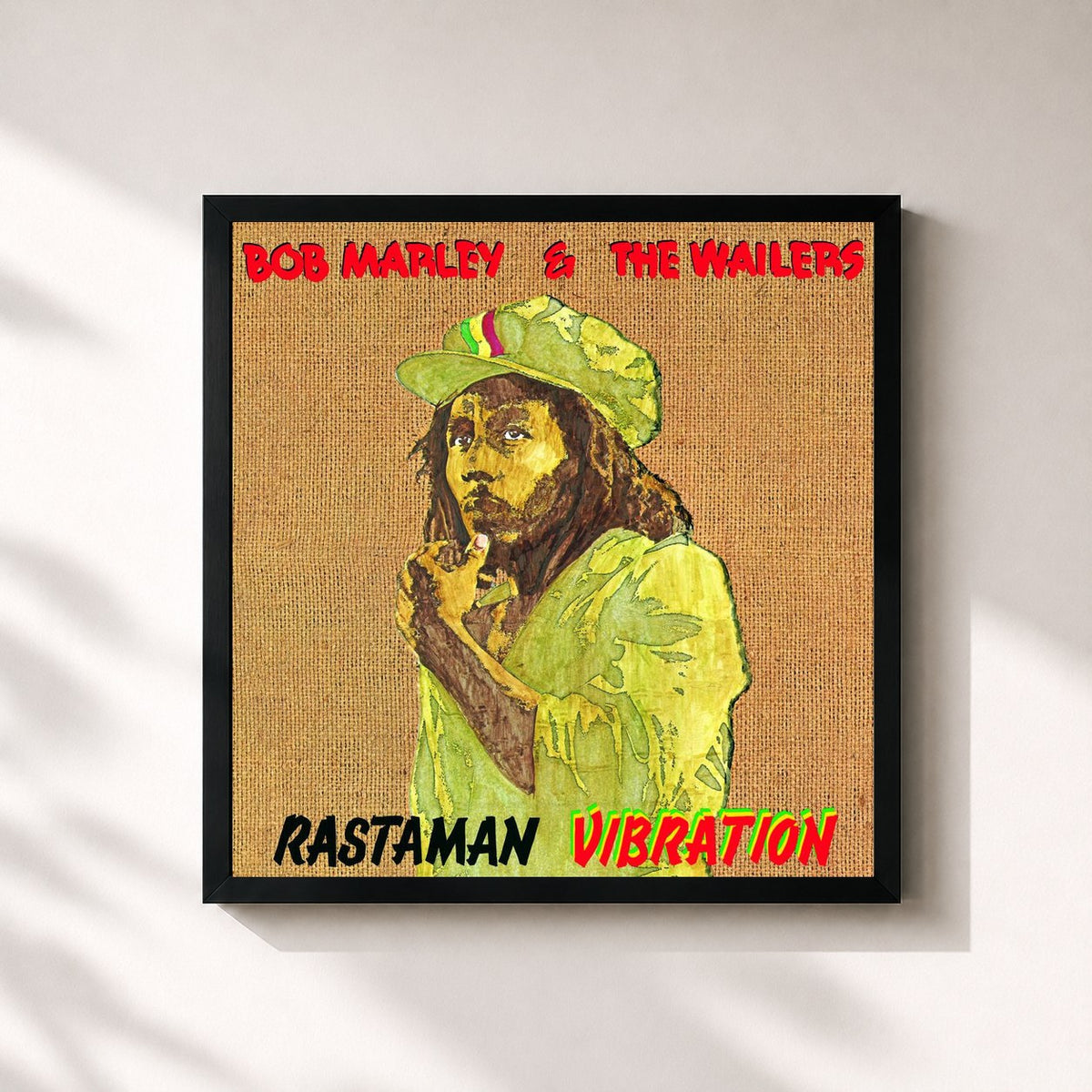 #noir Tableau carré de l'album Rastaman Vibration de Bob Marley & The Wailers, cadre noir 32x32 cm