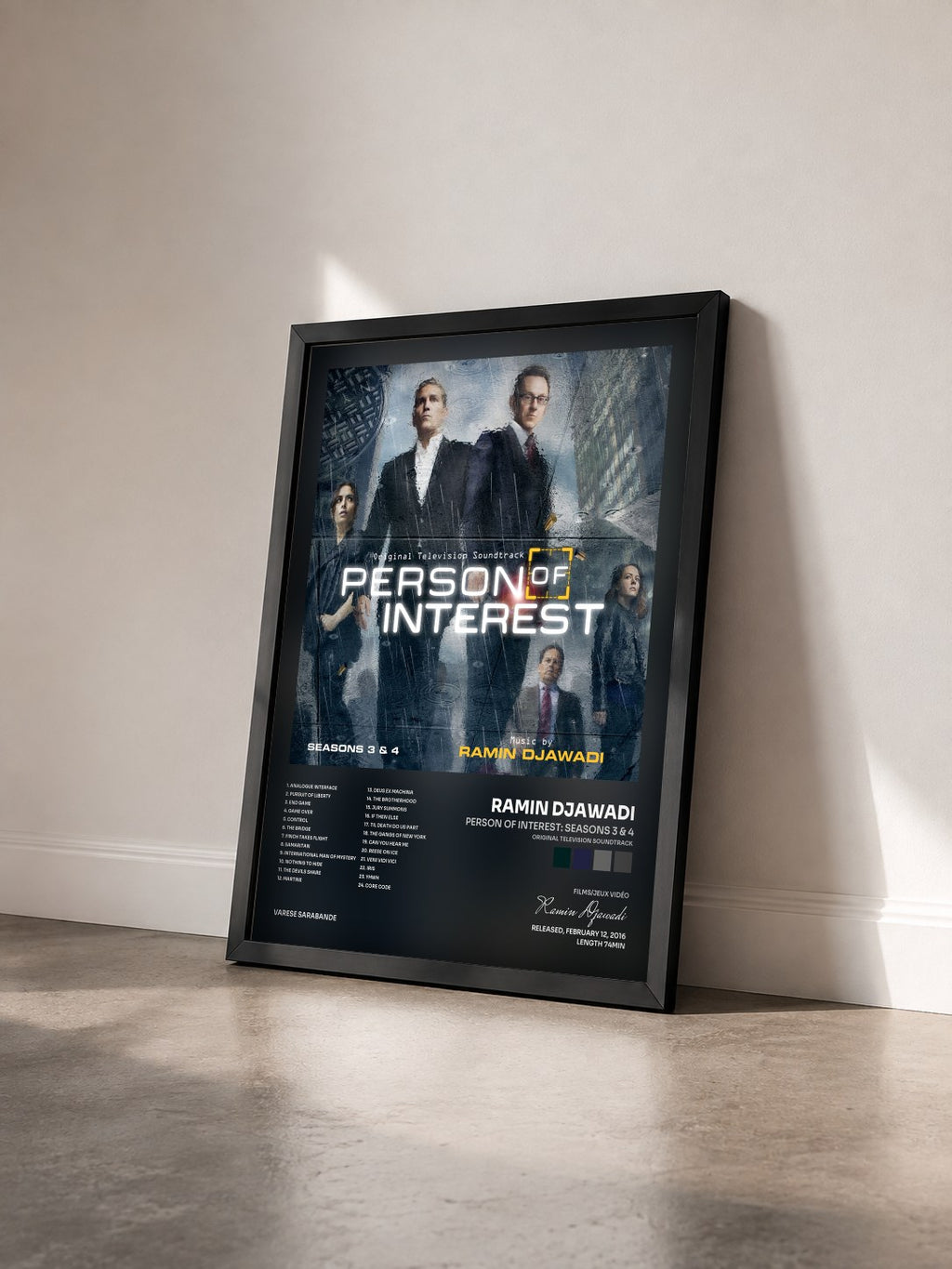 #noir Person Of Interest: Seasons 3 & 4 (Original Television Soundtrack) by Ramin Djawadi as a framed art print seen at an angle, black frame