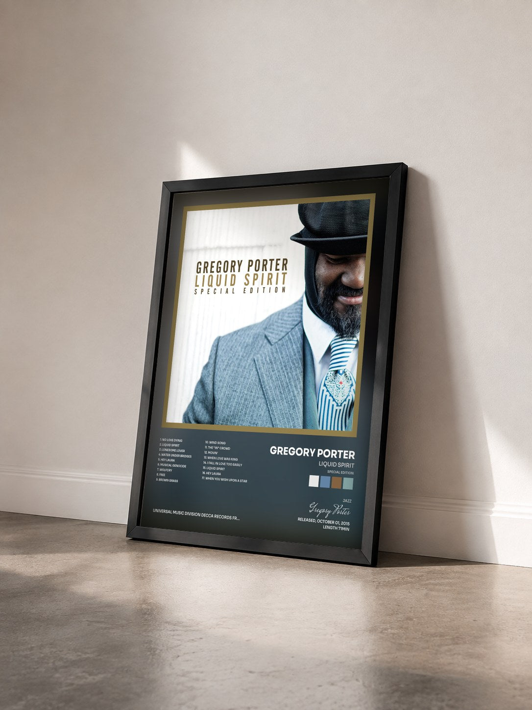 #noir Liquid Spirit (Special Edition) by Gregory Porter as a framed art print seen at an angle, black frame