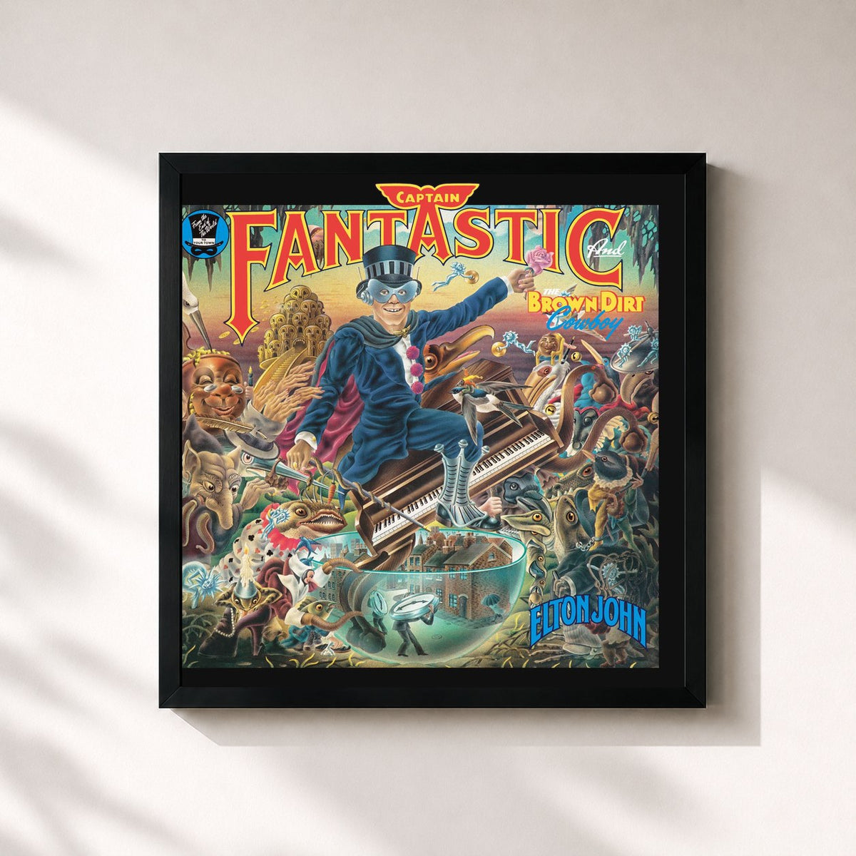 #noir Tableau carré de l'album Captain Fantastic And The Brown Dirt Cowboy de Elton John, cadre noir 32x32 cm