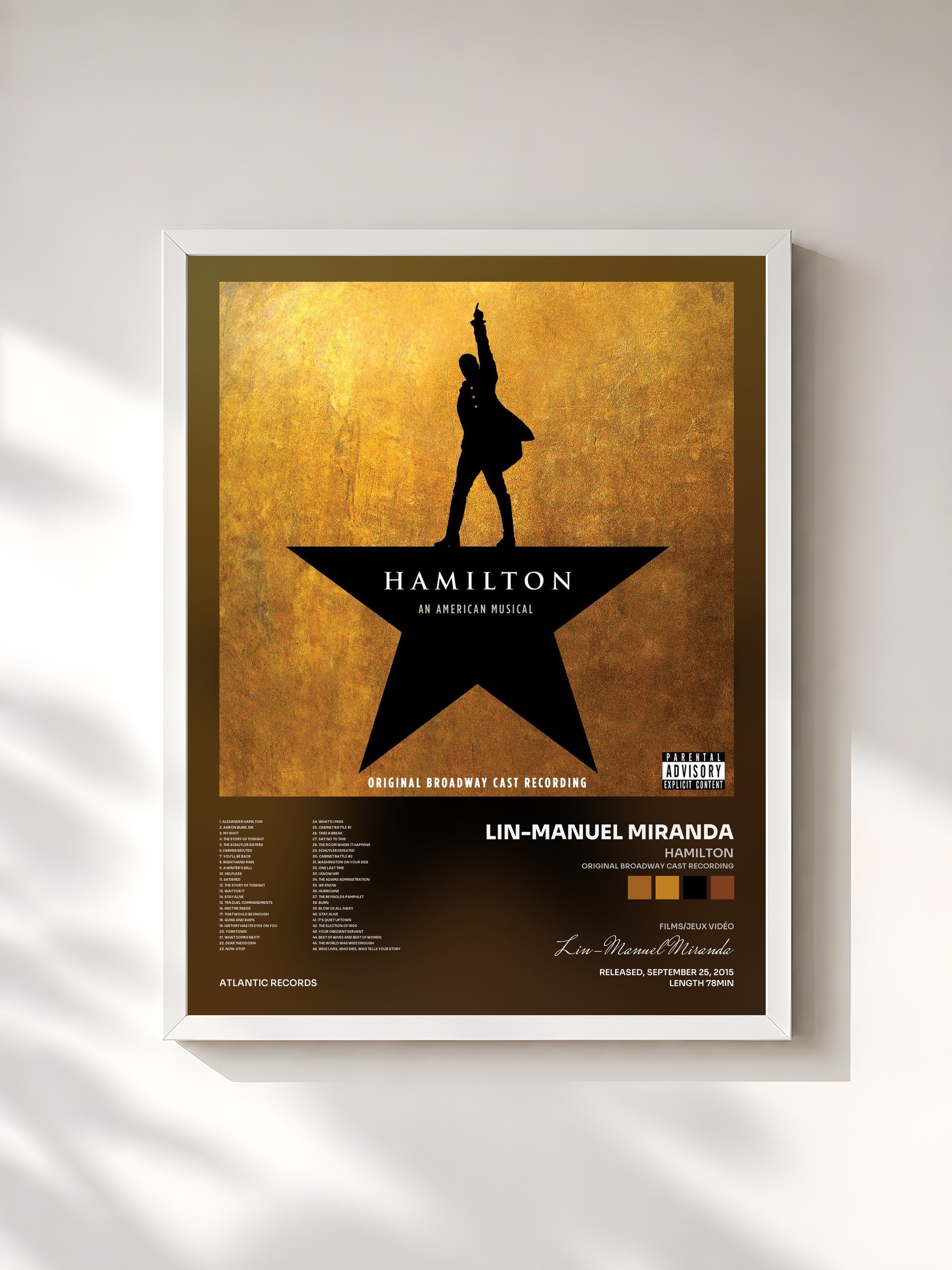 #blanc Tableau de l'album Hamilton (Original Broadway Cast Recording) de Lin-Manuel Miranda, cadre blanc, imprimé et encadré en France