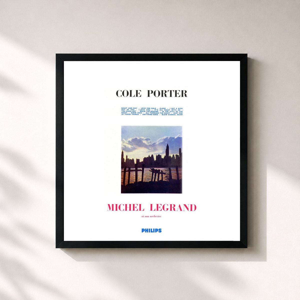 #noir Tableau carré de l'album Cole Porter de Michel Legrand, cadre noir 32x32 cm