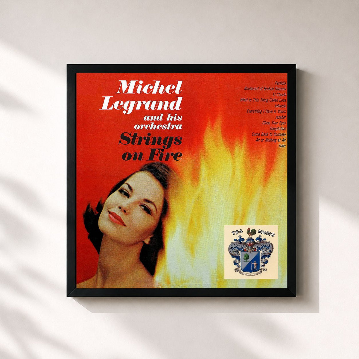 #noir Tableau carré de l'album Strings on Fire de Michel Legrand, cadre noir 32x32 cm