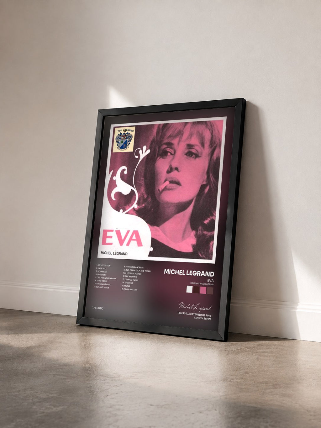 #noir Eva (Original Movie Sound) di Michel Legrand in stampa incorniciata vista di tre quarti, cornice nera