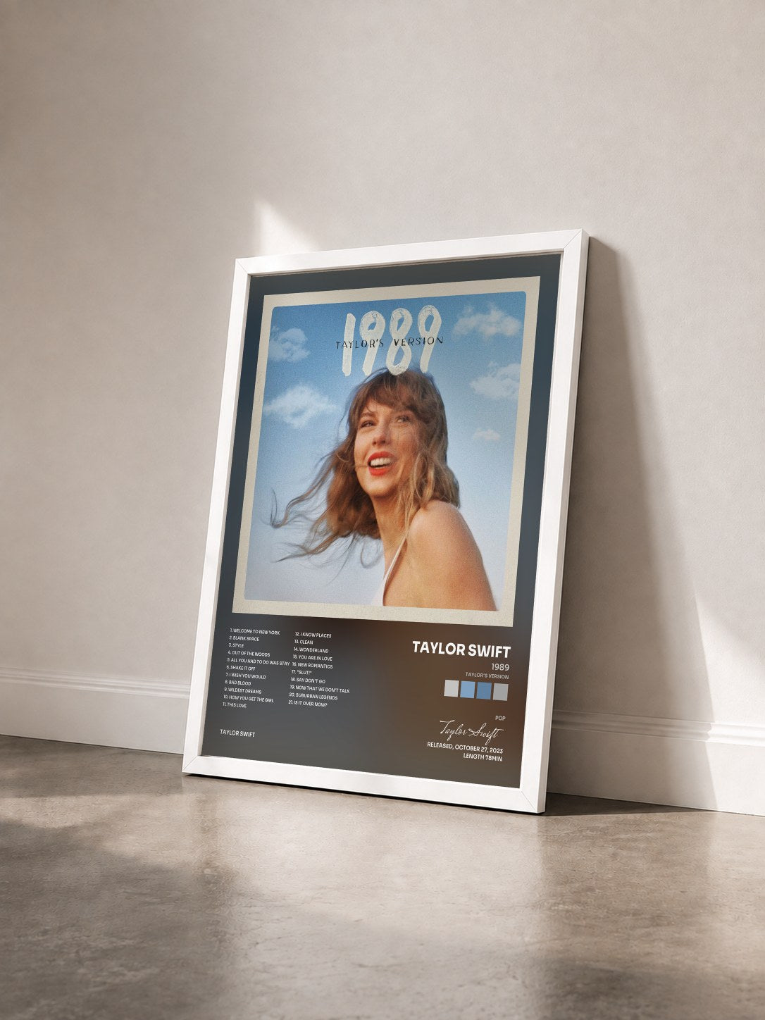 #blanc Tableau de l'album 1989 (Taylor's Version) de Taylor Swift vu de trois quarts, cadre blanc