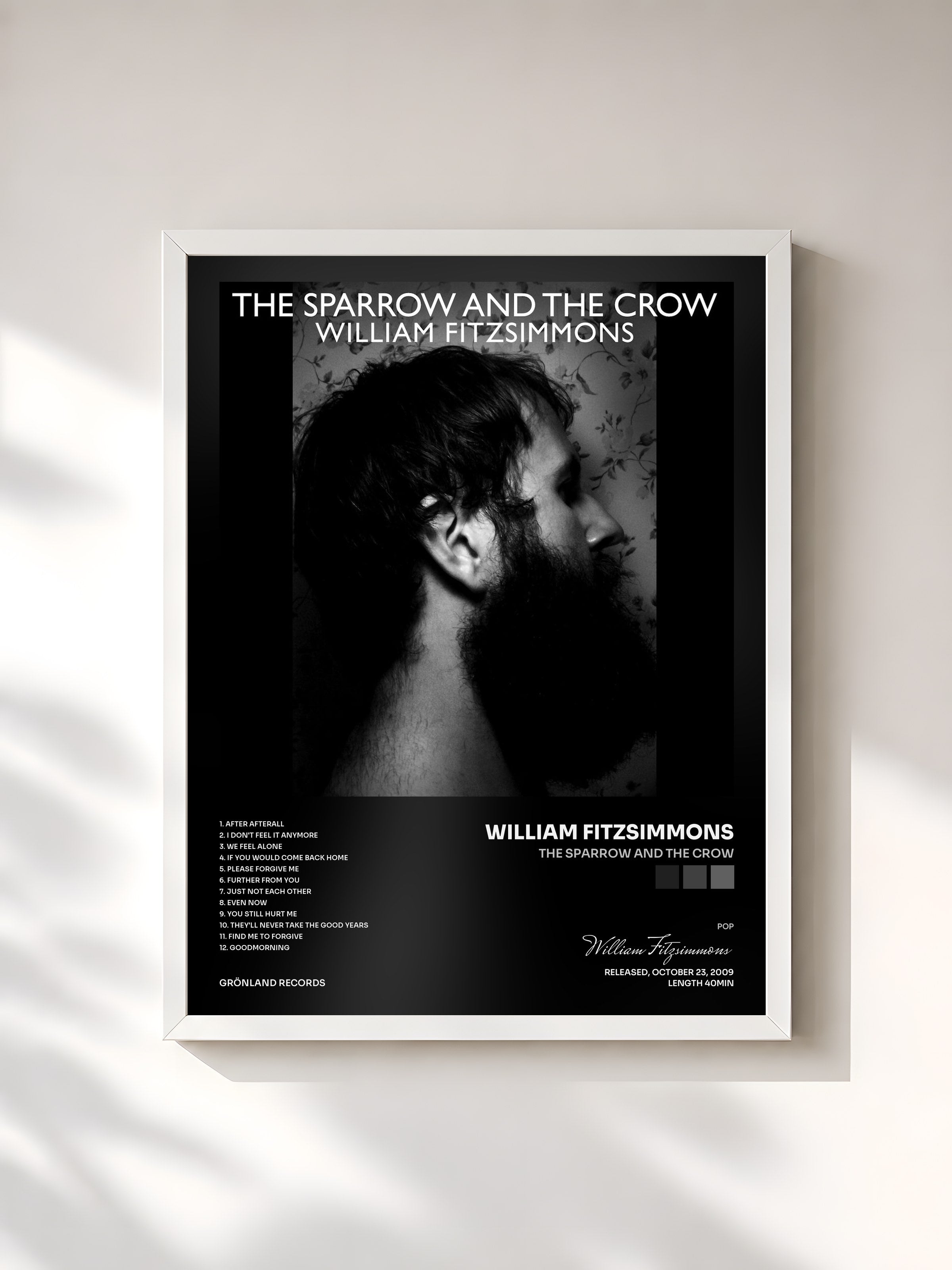 #blanc Tableau de l'album The Sparrow and the Crow de William Fitzsimmons, cadre blanc, imprimé et encadré en France